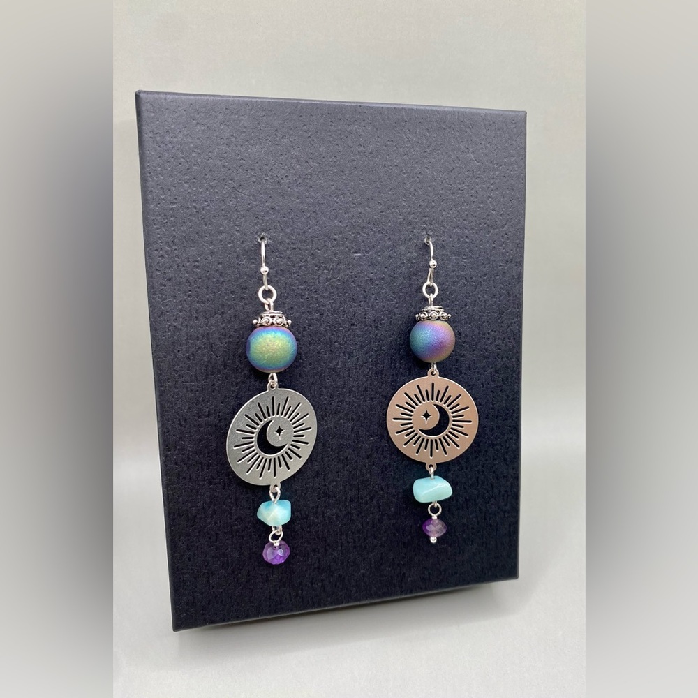 🌜🌚Celestial Druzy Amethyst Aquamarine Earrings - Picture 2 of 2